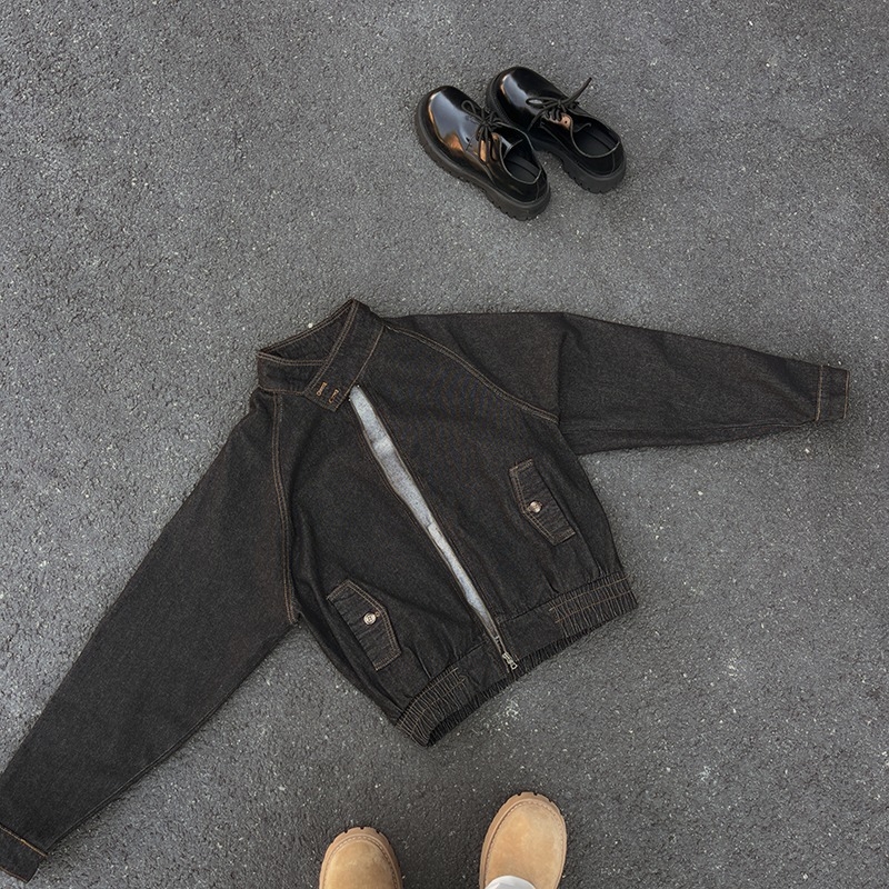 Vintage Harrington τζάκετ από ντένιμ για άνδρες, φθινοπωρινή boxy γραμμή, στάντ γιακά, raw denim