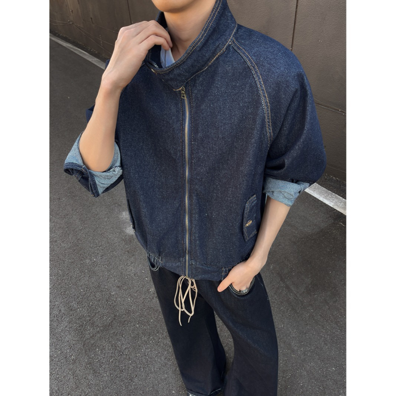 Vintage Harrington τζάκετ από ντένιμ για άνδρες, φθινοπωρινή boxy γραμμή, στάντ γιακά, raw denim