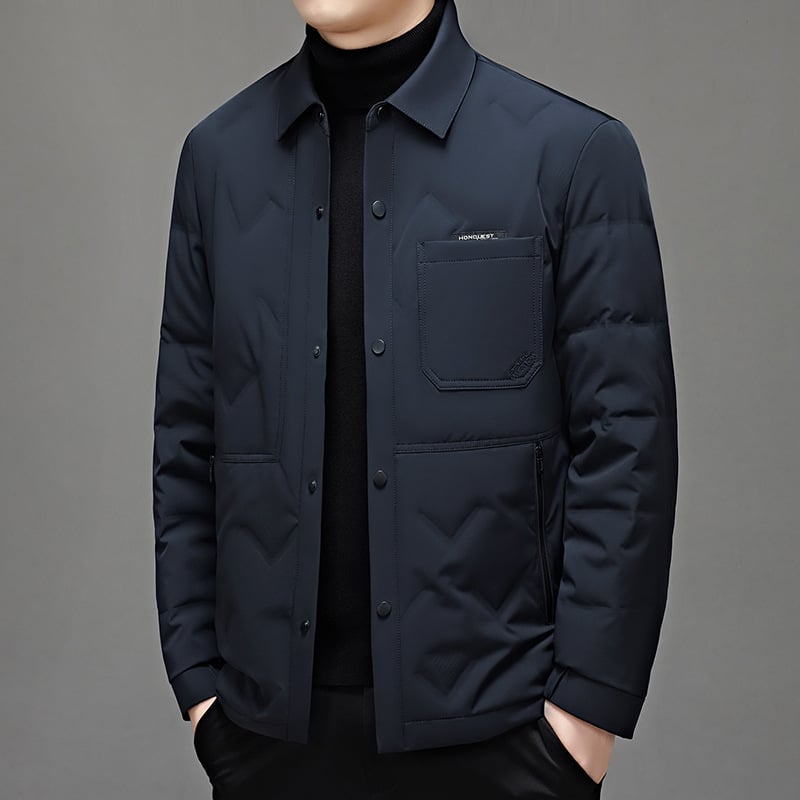 Jachetă de iarnă pentru bărbați, puf de gâscă alb, stil business casual, croială cu nasturi pe un rând și rever, caldă