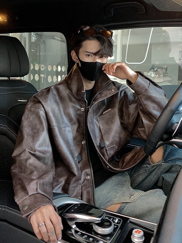 Ανδρικό PU δερμάτινο μπουφάν oversized – φθινοπωρινό-χειμερινό στυλ, vintage αμερικανικό στυλ, υψηλής ποιότητας streetwear