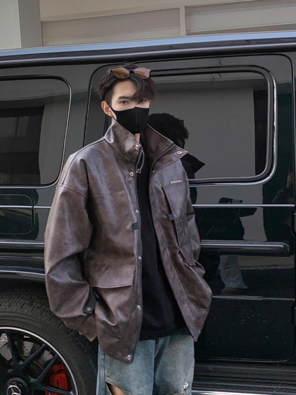 Ανδρικό PU δερμάτινο μπουφάν oversized – φθινοπωρινό-χειμερινό στυλ, vintage αμερικανικό στυλ, υψηλής ποιότητας streetwear
