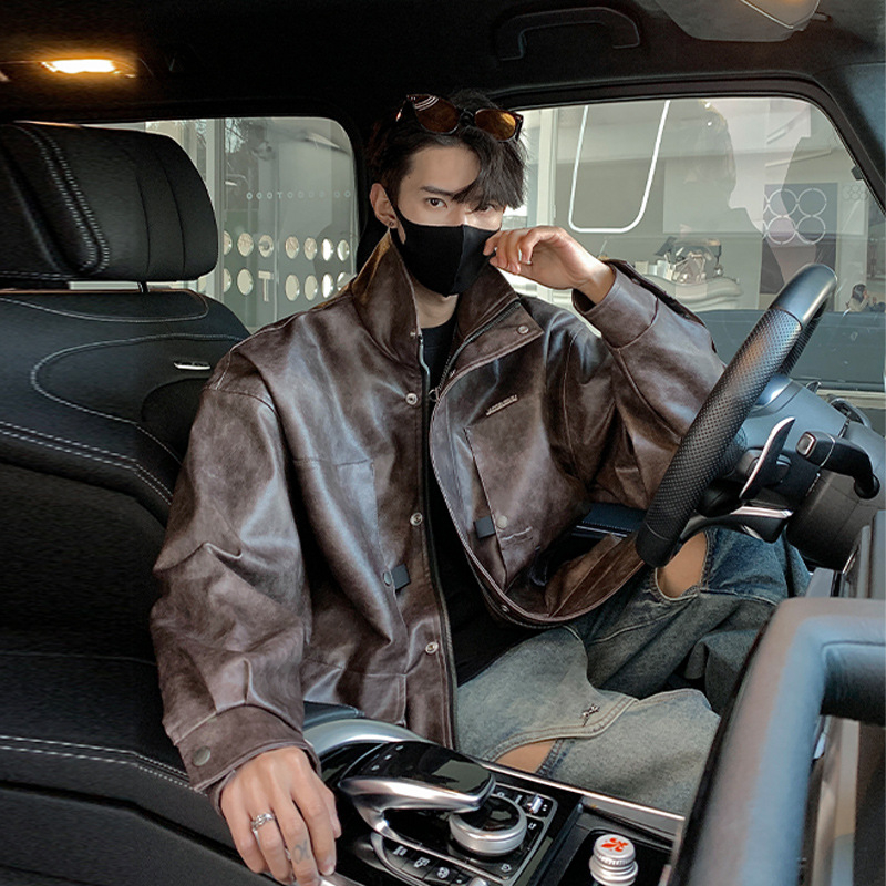 Ανδρικό PU δερμάτινο μπουφάν oversized – φθινοπωρινό-χειμερινό στυλ, vintage αμερικανικό στυλ, υψηλής ποιότητας streetwear