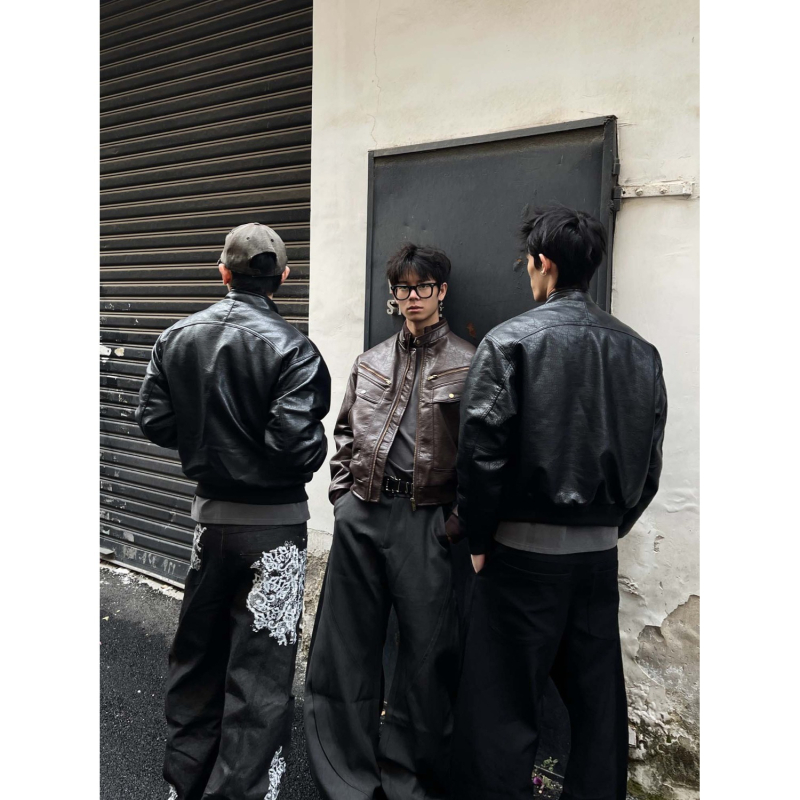 Αμερικανικό στυλ δρόμου, ρετρό υφή, PU δερμάτινο μπουφάν με βαμβακερή επένδυση, ανδρικό boxy σιλουέτα, μοτοσικλετιστικό