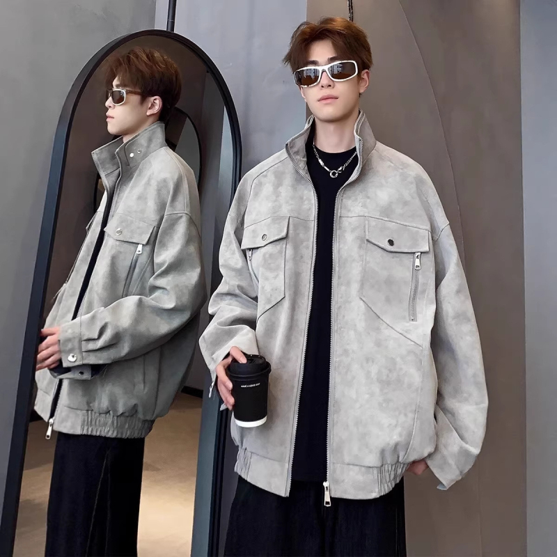 Cleanfit ανδρικό flight jacket, άνοιξη-φθινοπωρο, υψηλής ποιότητας, μοντέρνο στυλ, με στάσιμο γιακά, PU δέρμα
