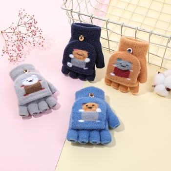 Téli gyerek írókesztyűk fleece béléssel, hajtogatható félujjú, kötött, fiúknak és lányoknak, aranyos rajzfilm mintával
