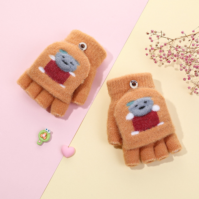 Téli gyerek írókesztyűk fleece béléssel, hajtogatható félujjú, kötött, fiúknak és lányoknak, aranyos rajzfilm mintával