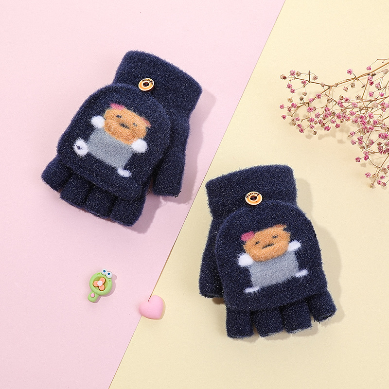 Téli gyerek írókesztyűk fleece béléssel, hajtogatható félujjú, kötött, fiúknak és lányoknak, aranyos rajzfilm mintával