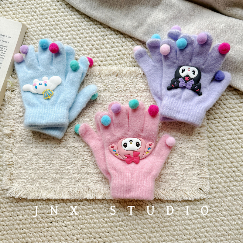 Gyerek DIY rajzfilmszerű kesztyűk fleece béléssel, téli ötujjas kesztyűk lányoknak