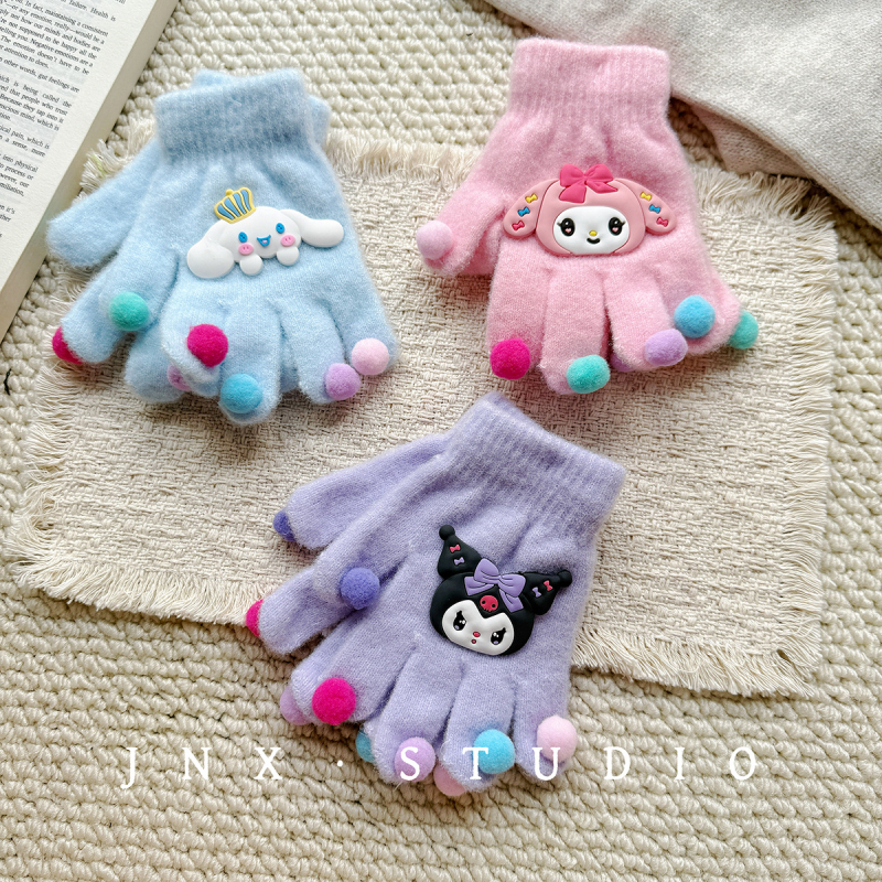 Gyerek DIY rajzfilmszerű kesztyűk fleece béléssel, téli ötujjas kesztyűk lányoknak