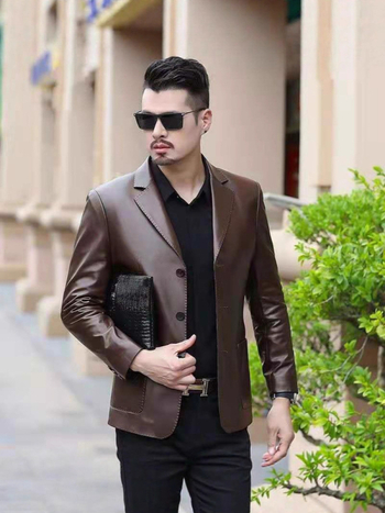Pánska PU kožená bunda, business casual štýl, voľný strih, sakový golier, zapínanie na jeden rad gombíkov, patch vrecká, zaoblený lem