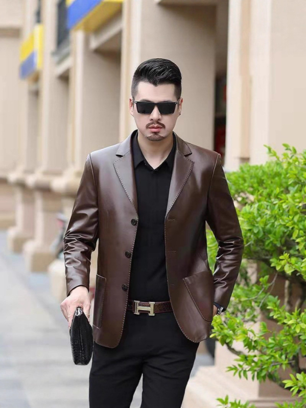 Pánska PU kožená bunda, business casual štýl, voľný strih, sakový golier, zapínanie na jeden rad gombíkov, patch vrecká, zaoblený lem