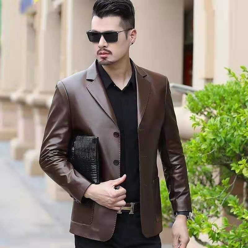 Pánska PU kožená bunda, business casual štýl, voľný strih, sakový golier, zapínanie na jeden rad gombíkov, patch vrecká, zaoblený lem