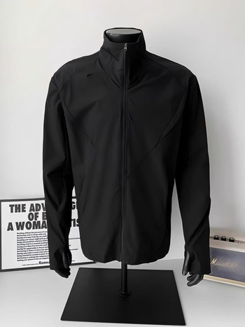 Jachetă sport neagră pentru bărbați, uscare rapidă, protecție solară, guler înalt, material Ice Silk, stil vintage, fermoar, buzunare