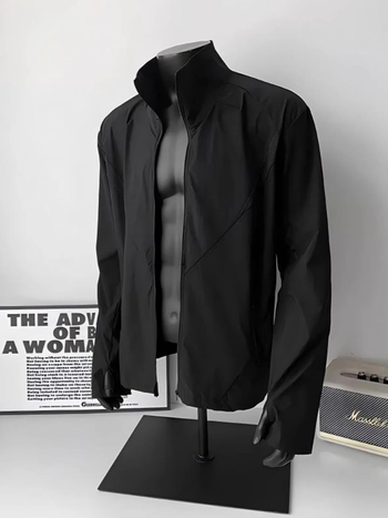 Jachetă sport neagră pentru bărbați, uscare rapidă, protecție solară, guler înalt, material Ice Silk, stil vintage, fermoar, buzunare