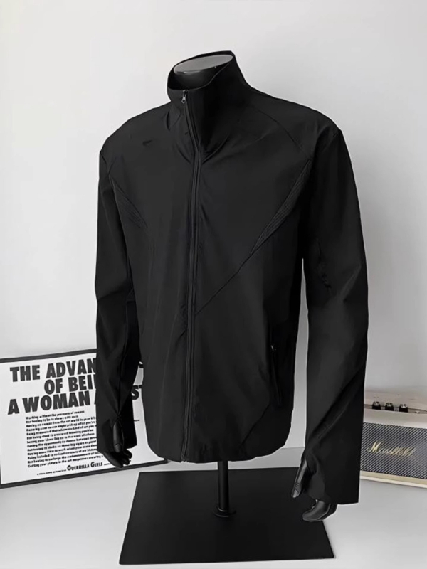 Jachetă sport neagră pentru bărbați, uscare rapidă, protecție solară, guler înalt, material Ice Silk, stil vintage, fermoar, buzunare