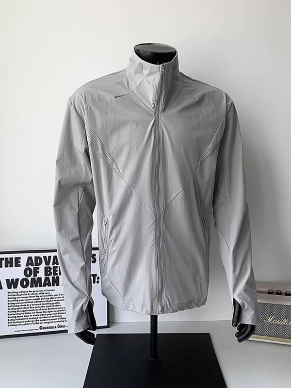 Jachetă sport neagră pentru bărbați, uscare rapidă, protecție solară, guler înalt, material Ice Silk, stil vintage, fermoar, buzunare