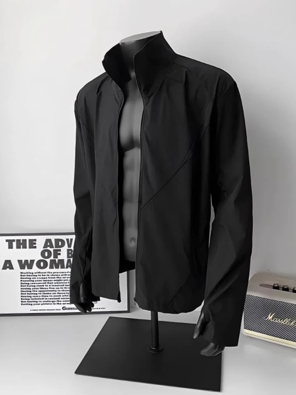 Jachetă sport neagră pentru bărbați, uscare rapidă, protecție solară, guler înalt, material Ice Silk, stil vintage, fermoar, buzunare