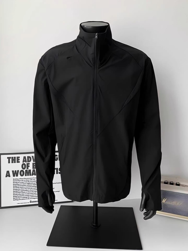 Jachetă sport neagră pentru bărbați, uscare rapidă, protecție solară, guler înalt, material Ice Silk, stil vintage, fermoar, buzunare