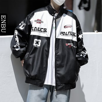Enbu trendy americký štýl motocyklovej bundičky s stojacím golierom, čierno-biela patchwork PU koža, pre mužov a páry, mestský štýl