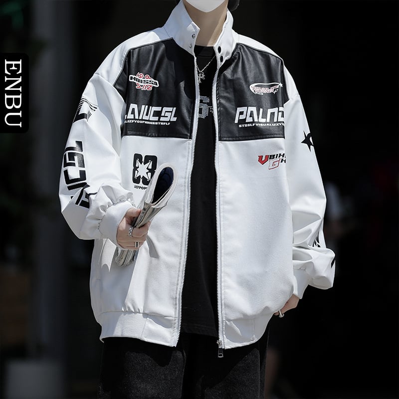 Enbu trendy americký štýl motocyklovej bundičky s stojacím golierom, čierno-biela patchwork PU koža, pre mužov a páry, mestský štýl