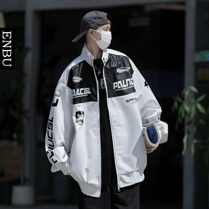 Enbu trendy americký štýl motocyklovej bundičky s stojacím golierom, čierno-biela patchwork PU koža, pre mužov a páry, mestský štýl