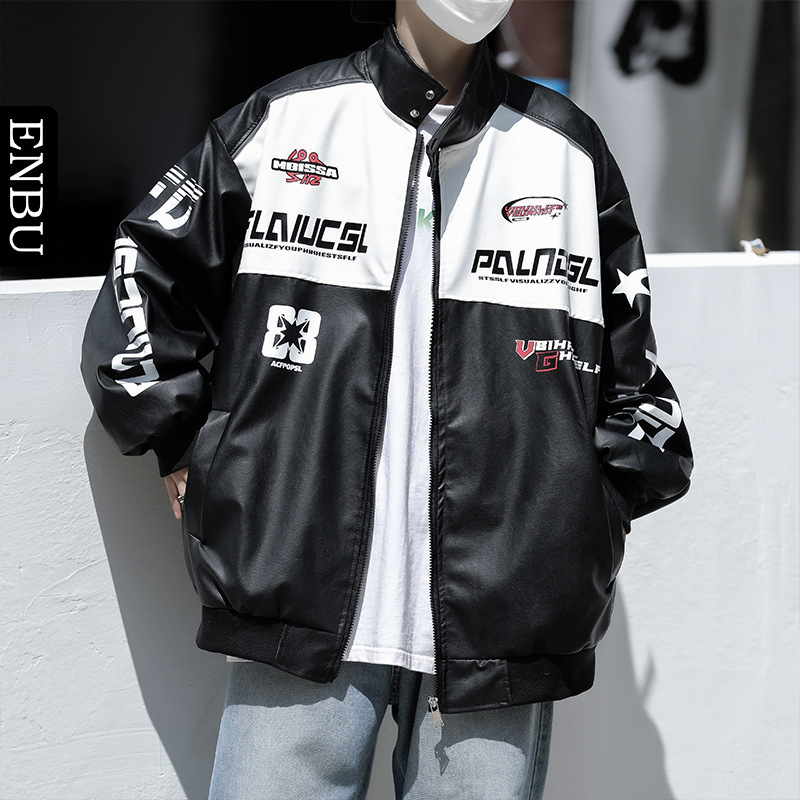Enbu trendy americký štýl motocyklovej bundičky s stojacím golierom, čierno-biela patchwork PU koža, pre mužov a páry, mestský štýl