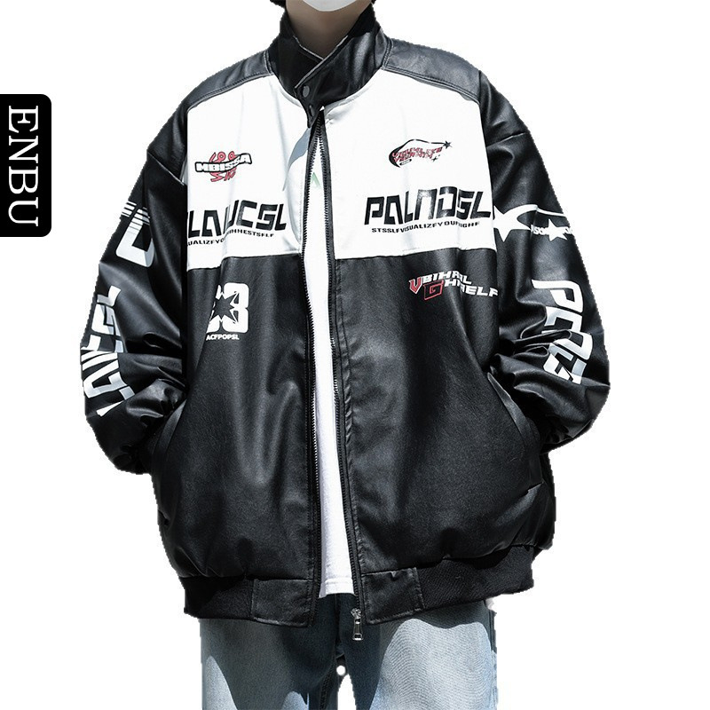 Enbu trendy americký štýl motocyklovej bundičky s stojacím golierom, čierno-biela patchwork PU koža, pre mužov a páry, mestský štýl
