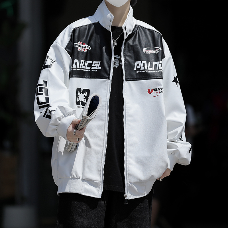 Enbu trendy americký štýl motocyklovej bundičky s stojacím golierom, čierno-biela patchwork PU koža, pre mužov a páry, mestský štýl