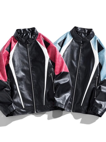 PU kožená bunda pre mužov – jarno-jesenná sezóna, voľný strih, kontrastné farby, zips, stojatý golier, retro americký biker štýl