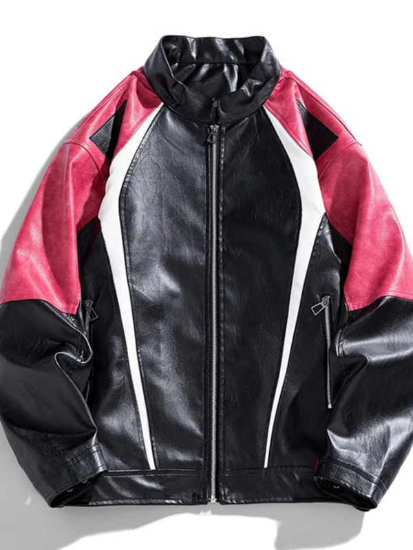 PU kožená bunda pre mužov – jarno-jesenná sezóna, voľný strih, kontrastné farby, zips, stojatý golier, retro americký biker štýl