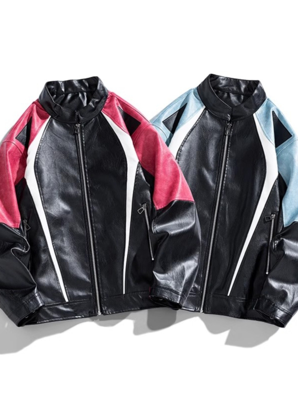 PU kožená bunda pre mužov – jarno-jesenná sezóna, voľný strih, kontrastné farby, zips, stojatý golier, retro americký biker štýl
