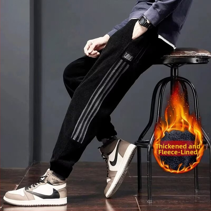 Pánske nohavice corduroy s fleecovou podšívkou, zimné, voľný strih, jogger štýl