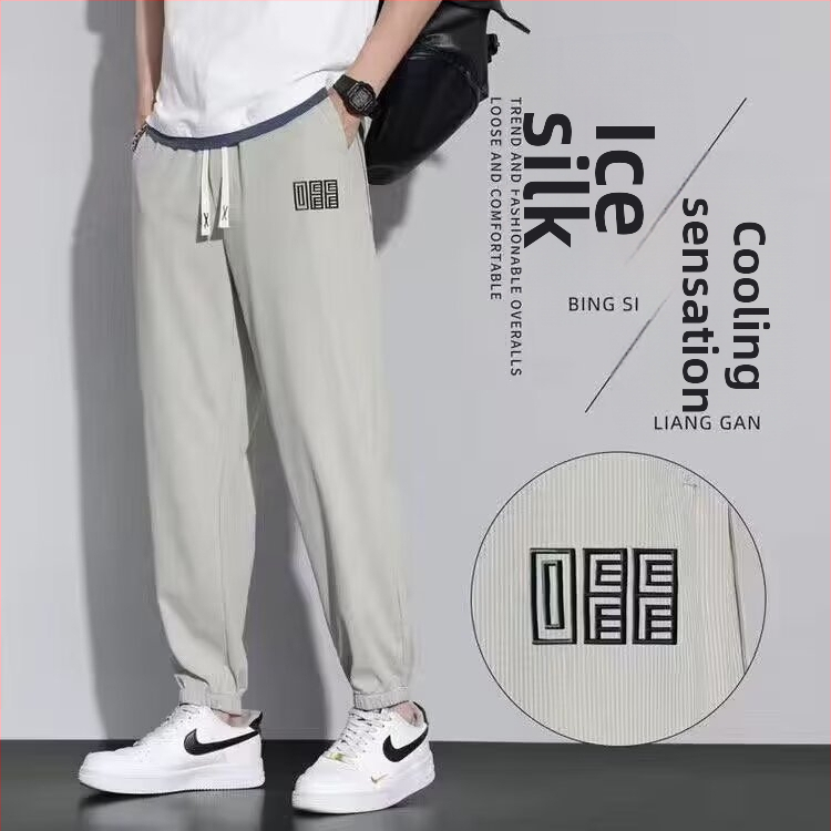 Pánske letné Ice Silk nohavice, tenké, elastické, rýchloschnúce a priedušné, voľného strihu, jogger športové nohavice