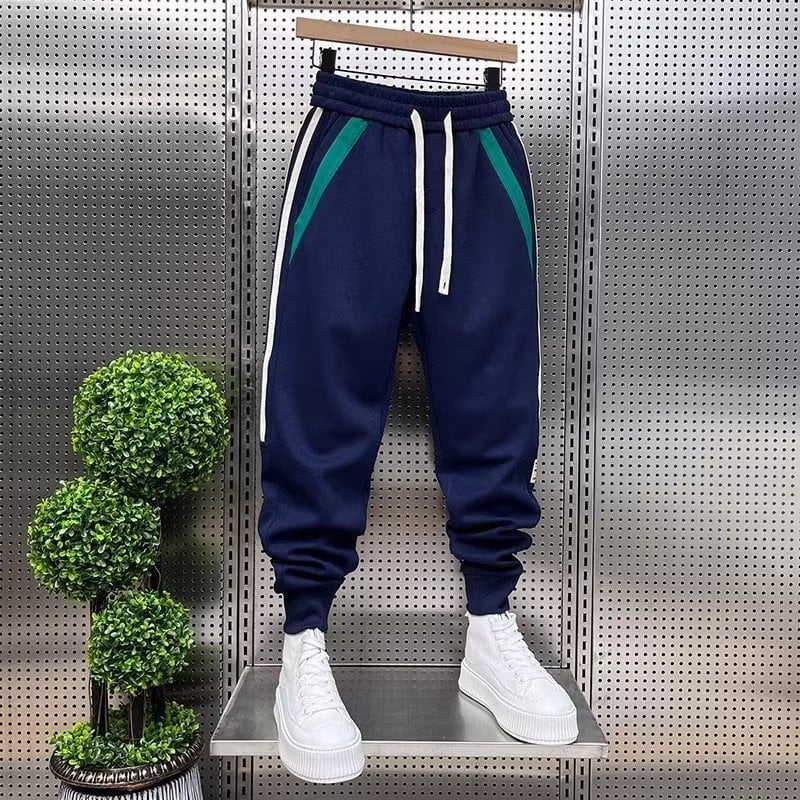 Ανδρικά παντελόνια φθινοπωρινά με patchwork ρίγες, jogger στυλ, υψηλή μέση με κορδόνι, ελαφρύ ύφασμα, στενά μπατζάκια