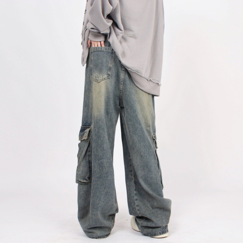 Ανδρικά τζιν από denim σε αμερικανικό street style, πλυμένα, ρετρό με μεγάλες τσέπες, χαλαρή γραμμή, ίσια πόδια, για άνοιξη και φθινόπωρο