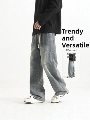 Pánske džínsy s americkým retro štýlom, voľný rovný strih, praný denim, mestské voľnočasové nohavice