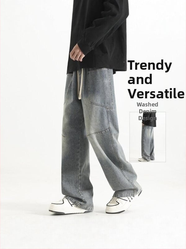 Pánske džínsy s americkým retro štýlom, voľný rovný strih, praný denim, mestské voľnočasové nohavice