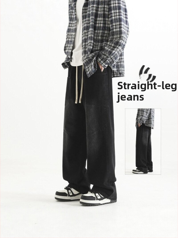 Pánske džínsy s americkým retro štýlom, voľný rovný strih, praný denim, mestské voľnočasové nohavice