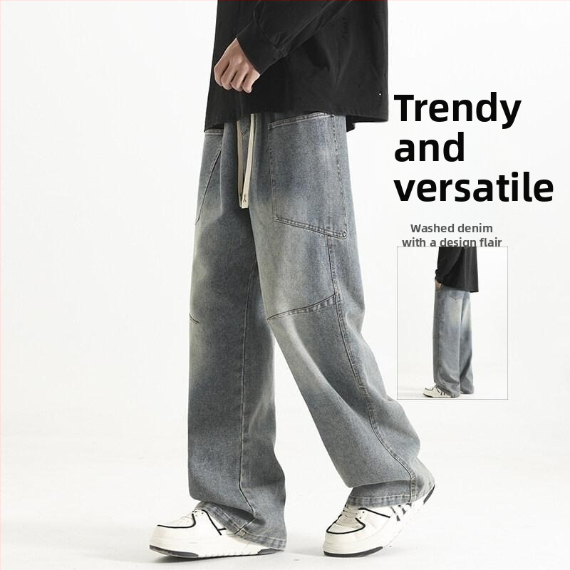 Pánske džínsy s americkým retro štýlom, voľný rovný strih, praný denim, mestské voľnočasové nohavice