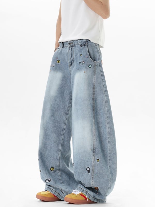 Ανδρικά τζιν από denim με κέντημα καρτούν, φθινοπωρινή αισθητική αμερικανικής σχεδίασης, patchwork ευρύ παντελόνι