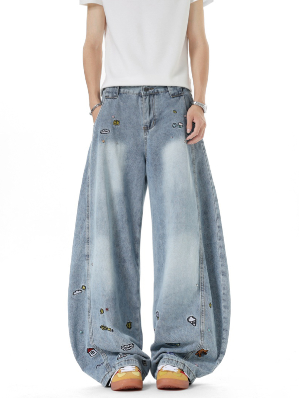 Ανδρικά τζιν από denim με κέντημα καρτούν, φθινοπωρινή αισθητική αμερικανικής σχεδίασης, patchwork ευρύ παντελόνι