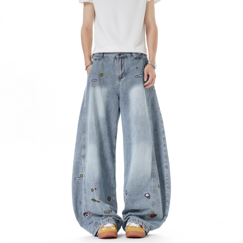 Ανδρικά τζιν από denim με κέντημα καρτούν, φθινοπωρινή αισθητική αμερικανικής σχεδίασης, patchwork ευρύ παντελόνι