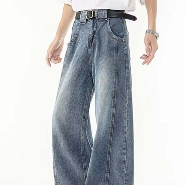 Αμερικανικού στυλ μαύρα denim τζιν για άνδρες, φαρδιά γραμμή, χαλαρή εφαρμογή, ίσια γραμμή, μήκος μέχρι το πάτωμα