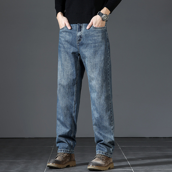 Ανδρικά τζιν από denim υψηλής ποιότητας, ίσια γραμμή, χαλαρή εφαρμογή και στυλ ευρύ ποδιού, φθινοπωρινό-χειμερινό casual μακριά παντελόνια με κεκλιμένες πλαϊνές τσέπες