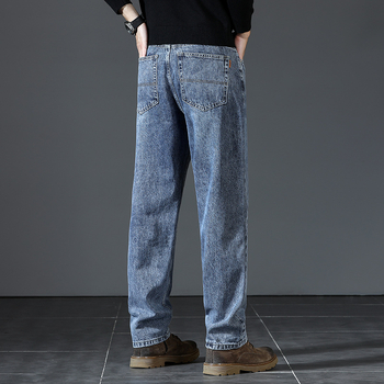 Ανδρικά τζιν από denim υψηλής ποιότητας, ίσια γραμμή, χαλαρή εφαρμογή και στυλ ευρύ ποδιού, φθινοπωρινό-χειμερινό casual μακριά παντελόνια με κεκλιμένες πλαϊνές τσέπες