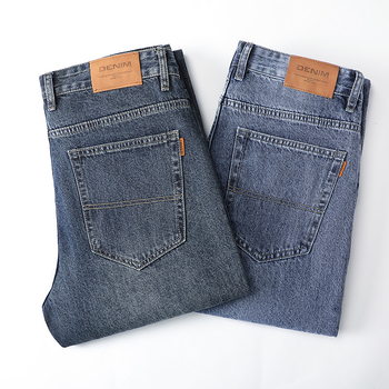 Ανδρικά τζιν από denim υψηλής ποιότητας, ίσια γραμμή, χαλαρή εφαρμογή και στυλ ευρύ ποδιού, φθινοπωρινό-χειμερινό casual μακριά παντελόνια με κεκλιμένες πλαϊνές τσέπες