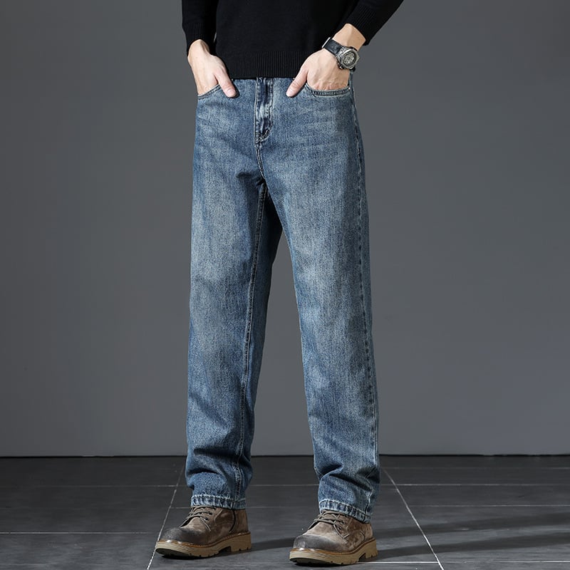 Ανδρικά τζιν από denim υψηλής ποιότητας, ίσια γραμμή, χαλαρή εφαρμογή και στυλ ευρύ ποδιού, φθινοπωρινό-χειμερινό casual μακριά παντελόνια με κεκλιμένες πλαϊνές τσέπες