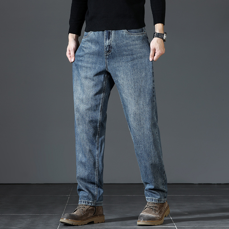 Ανδρικά τζιν από denim υψηλής ποιότητας, ίσια γραμμή, χαλαρή εφαρμογή και στυλ ευρύ ποδιού, φθινοπωρινό-χειμερινό casual μακριά παντελόνια με κεκλιμένες πλαϊνές τσέπες