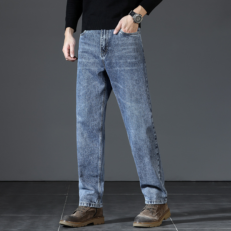 Ανδρικά τζιν από denim υψηλής ποιότητας, ίσια γραμμή, χαλαρή εφαρμογή και στυλ ευρύ ποδιού, φθινοπωρινό-χειμερινό casual μακριά παντελόνια με κεκλιμένες πλαϊνές τσέπες