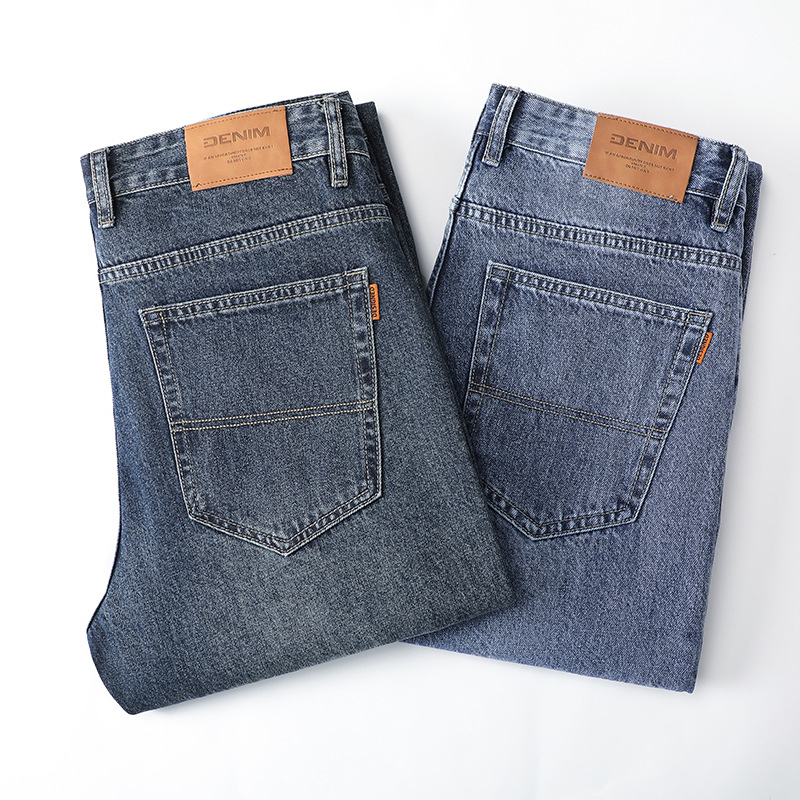 Ανδρικά τζιν από denim υψηλής ποιότητας, ίσια γραμμή, χαλαρή εφαρμογή και στυλ ευρύ ποδιού, φθινοπωρινό-χειμερινό casual μακριά παντελόνια με κεκλιμένες πλαϊνές τσέπες